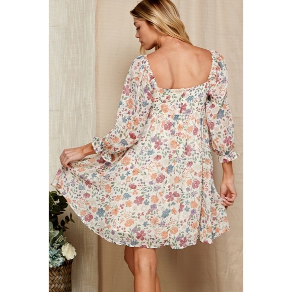 SOLD OUT Boho Spring Multi Color Floral Babydoll Short Sleeve Mini Dress - Picture 5 of 6